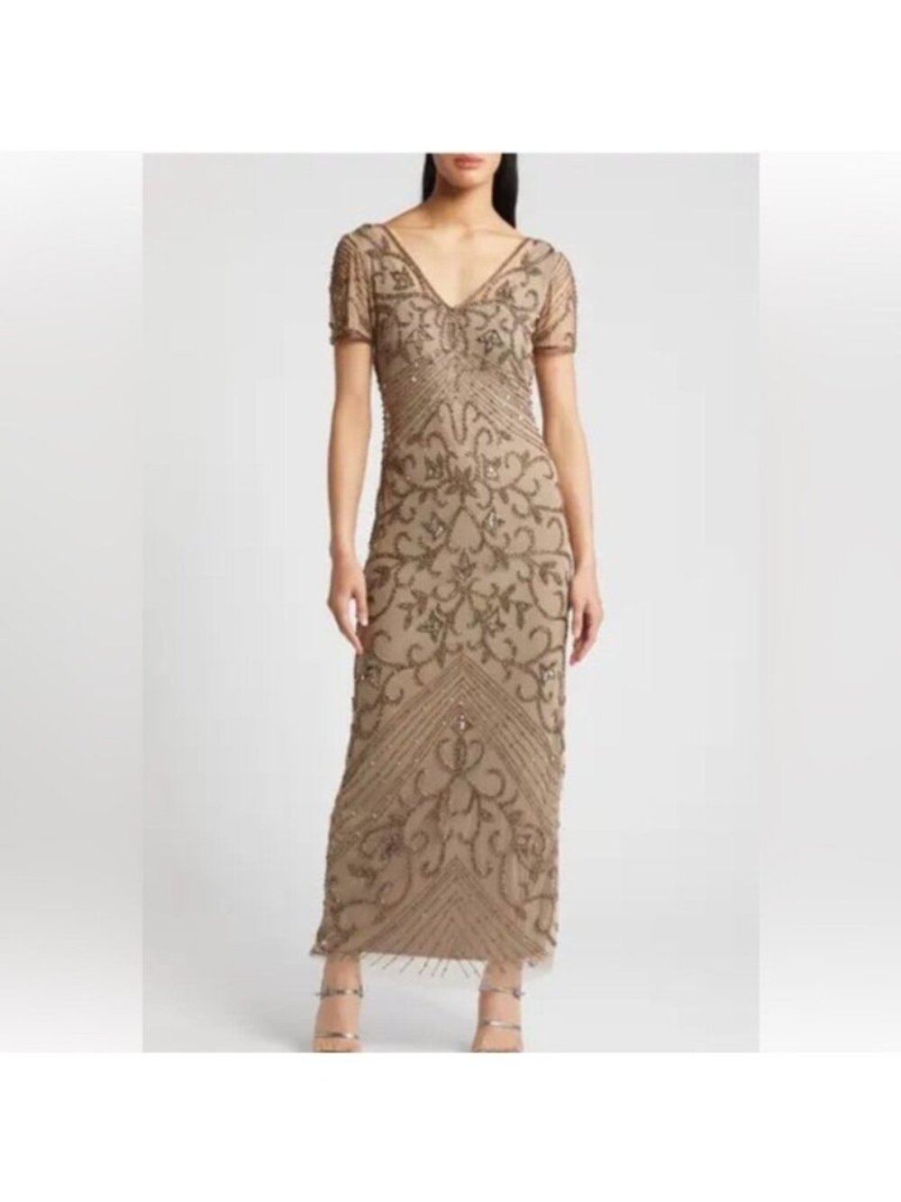 PISARRO NIGHTS Beaded Mesh Column Gown In Oyster size 2